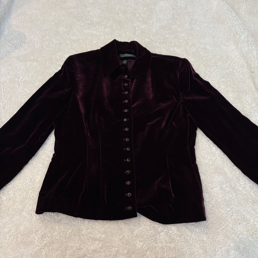 LRL Womens Burgundy Silk Velvet Blazer 10 Preppy Country Club Holiday Festive